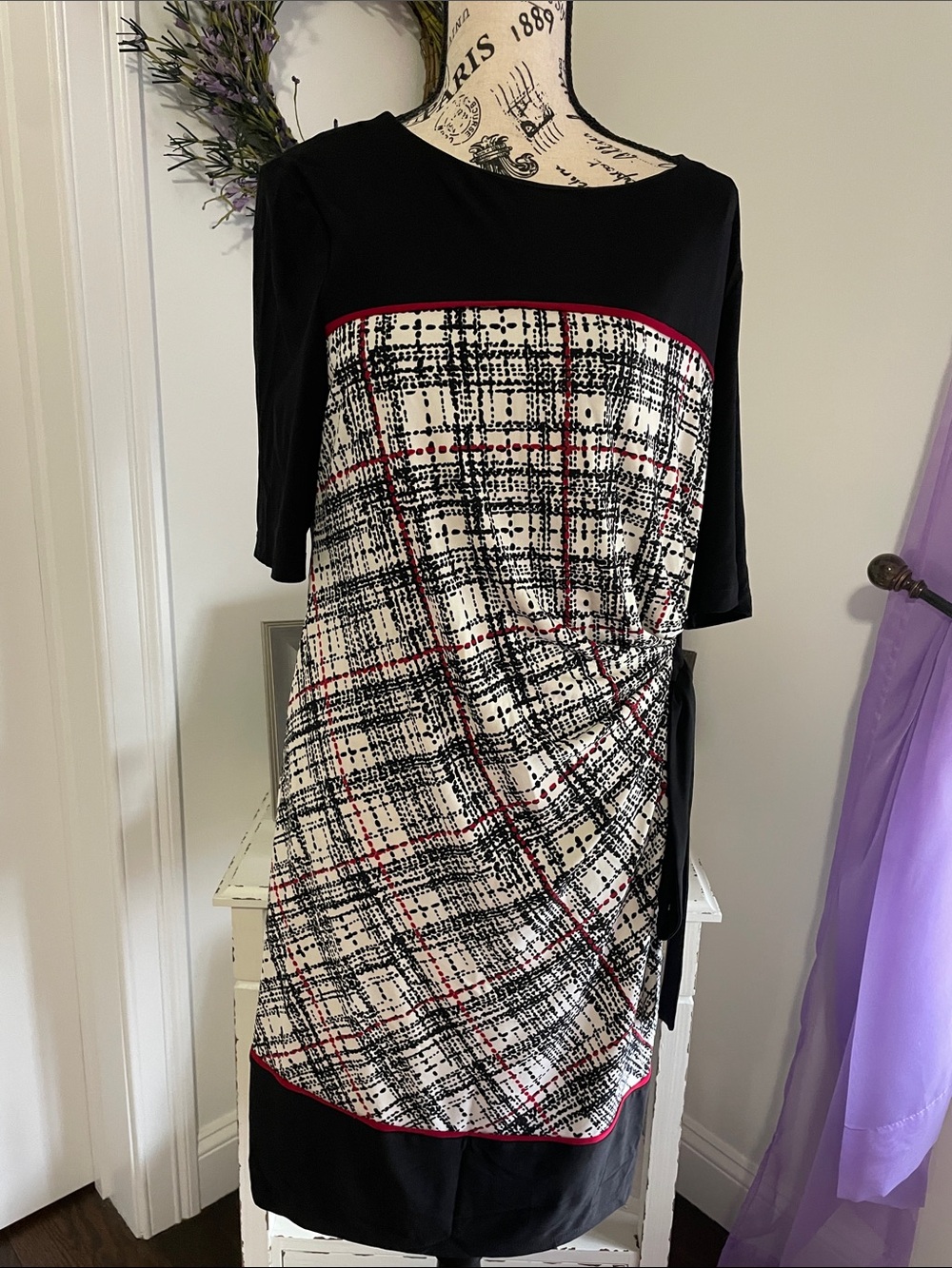 R&K Black, White & Red Plaid Midi Dress with Side Tie